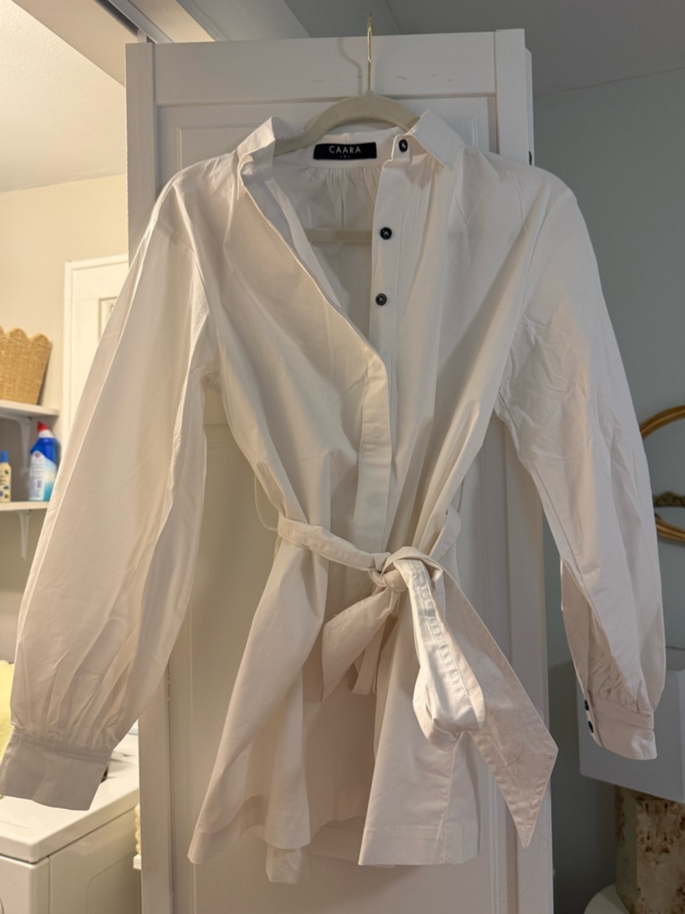 Caara White Button Down Tie Waist Top